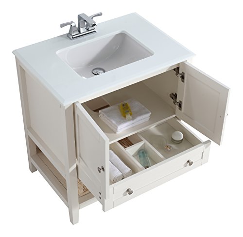 SIMPLIHOME Cape Cod 30 inch Contemporary Bath Vanity in Soft White with White Engineered Quartz Marble Top