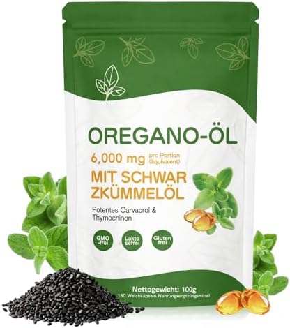 Oregano Öl Kapseln 6000 mg – 180 Softgels – 2-in-1 Oregano & Schwarzkümmelöl Kapseln – Oil of Oregano, Vegan, GMO-, Laktose- & Glutenfrei – Unterstützt Immunsystem – Einfache 2-Kap