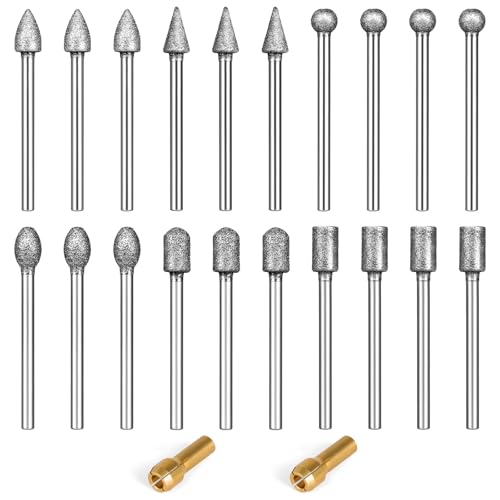 20Pcs 120 Grit Diamond Grinding Bit Set 1/8 Inch Shank Diamond Burr Bits Compatible with Dremel Diamond Bit for Stone Glass Resin Porcelain Carving Polishing Grinding