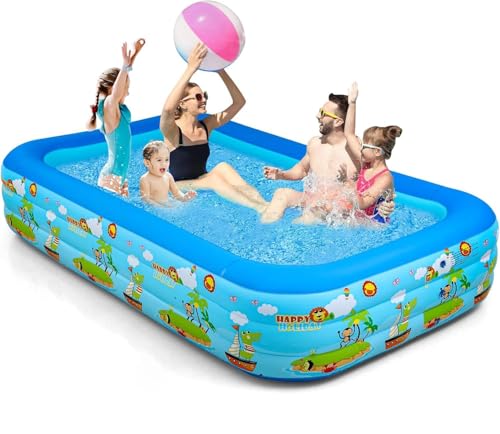 Kids Inflatable Playing Pool, 210cm Kids Adult Family Rectangular Swimming Pool with Inflatable Soft Floor for Backyard, Garden, Indoor