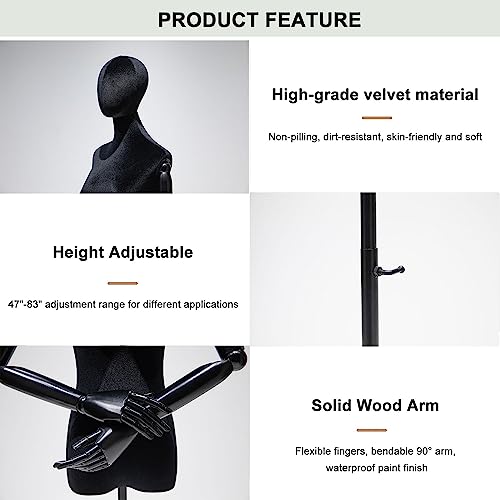 Female Dress Form Mannequin Black Velvet Manikin Torso Body With Solid Wood Arm And Metal Square Base, Height Adjustable (47"-83") Great For Colthing Dress Jewelry Display #TOP3