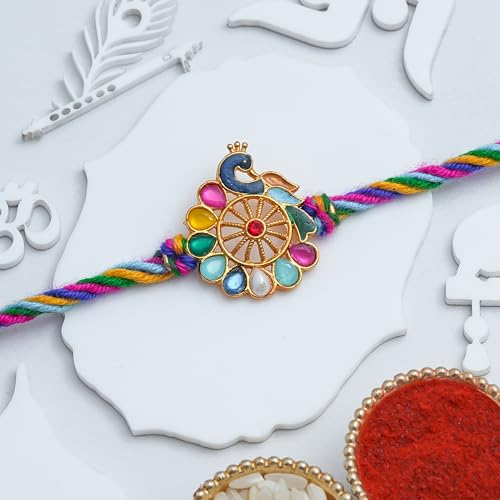 Image of eCraftIndia Kundan Flower Peacock Rakhi for Brother Bhaiya Bhai with Best Bro Ever Fridge Magnet | Roli Chawal Pack