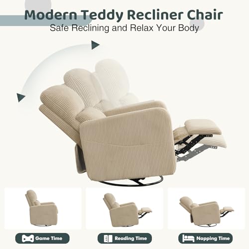 Image of Swivel Rocker Recliner, Oversized Manual Nursery Glider Rocking Recliner Chair with Removable Cushion, Upholstered Corduroy Swivel Reclining Chair for Nursery Living Room Bedroom, Camel