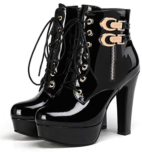 Susanny High Heel Boots for Women,Womens Platform Boot Heels Sexy Zipper Patent Leather High Heels Short Boots 8 US
