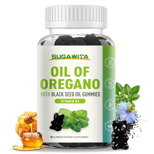 SUGAWITA Oil of Oregano with Black Seed Oil + Vitamin D3 | 3 in 1 Oregano Oil 500mg Gummies for Immune Health | Retains High Concentrated Carvacrol & Thymoquinone | Non-GMO, Vegan | 60 Chews