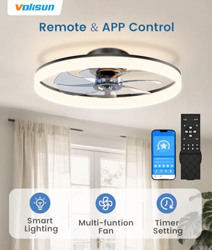 Image of VOLISUN Low Profile Ceiling Fans with Lights and Remote, 24in Fandelier Ceiling Fan Flush Mount, 3000K-6500K Smart Bladeless LED Fan Light, Black Modern Ceiling Fans with Lights for Bedroom