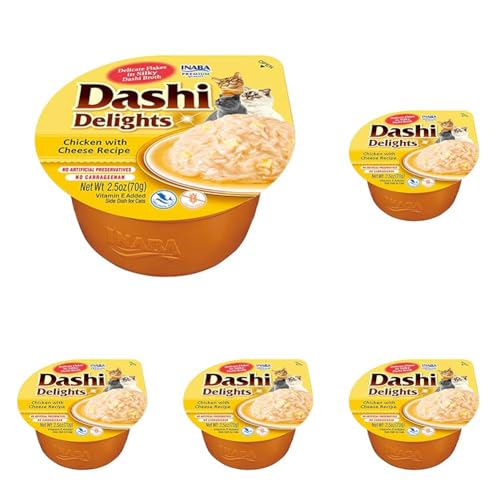 INABA Dashi Delights - Trozos en un Caldo de Copos de Bonito con Pollo y Queso - Delicioso y Saludable - Topping - Alto Contenido en proteínas - Ingredientes Naturales - 1 x 70g (Paquete de 5)