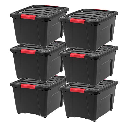IRIS USA 32 Qt Stackable Plastic Storage Bins with Lids, 6 Pack - BPA-Free, Made in USA - Garage Organizing Solution, Latches, Durable Nestable Containers, Secure Pull Handle - Black by IRIS USA - Used condition - US$69.74