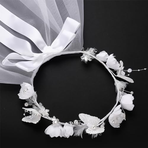 Image of Girls First Communion Veil White Floral Crown with Pearls Headpiece for Communion Day