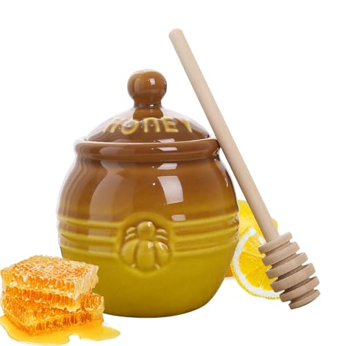 Tarros de miel con cuchara, tarros de miel pequeños con cubierta de sellado, dispensador de mesa de miel, decoración de abeja, contenedor de miel retro con de madera para almacenamiento de cocina