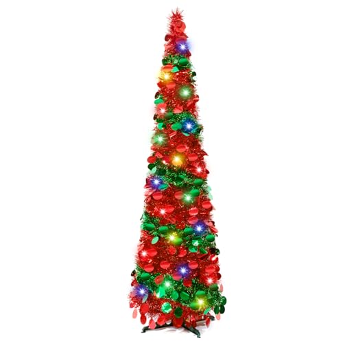 5Ft Pop Up Christmas Tree with Lights, Collapsible Pencil Tree Red Green, Skinny Christmas Tree Slim...