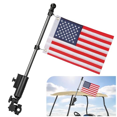 Chengwei Golf Cart Flag Holder &Amp; Flag Pole Mount Kit, Heavy Duty Aluminum Alloy Windproof Bracket Fits Ezgo Club Car Yamaha, Push Cart, Boat, Bike, Includes Usa Flag For Independence Day Decor