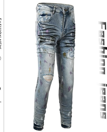 Jeans Pants Trouser Denim Street Trendy Worn Holes Spray Painting Graffiti Retro Elastic Tight Tassel Wrinkle Punch Casual Washed Blue Small Leg Men(Light Blue,29)3