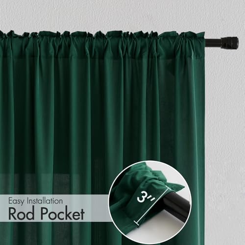 Image of MIULEE Hunter Green Semi Sheer Privacy Curtains Drapes 2 Panels 52W x 96L | Semi sheer privacy, non-see-through, light filtering, fits kitchen, bathroom, bedroom