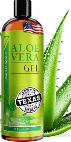 Seven Minerals Aloe Vera Gel with Freshly Cut Organic Aloe 98.7% - Big 12oz - Texas Grown, Pure HighestQuality, Vegan, Unscented, Non-Sticky - After Sun Sunburn Relief - Skin, Hair &amp; Face Moisturizer