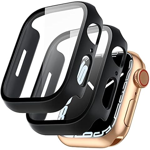 Upeak [2 Pack Compatible with Apple Watch Series 7 Series 8 45mm Screen Protector Case, Tempered Glass Full Coverage PC Case Cover Bumper for iWatch 45mm, Matte Black Cover