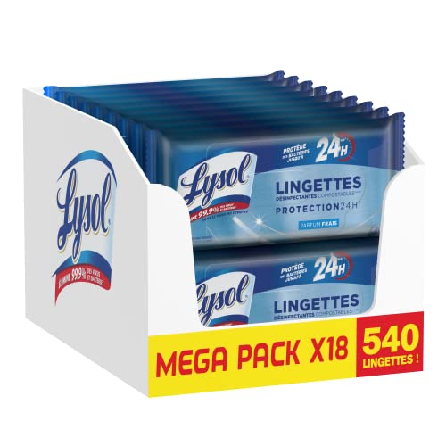 Lingettes désinfectantes Lysol compostables, éliminent 99.9% des virus et bactéries, Sans javel, protège jusqu'à 24h, parfum Frais - Lot de 18 (540 lingettes) Cover