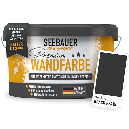 SEEBAUER diy Peinture murale noir pour intérieur (No. 100 Black Pearl 5,0 Litre) Tons noirs à haute opacité