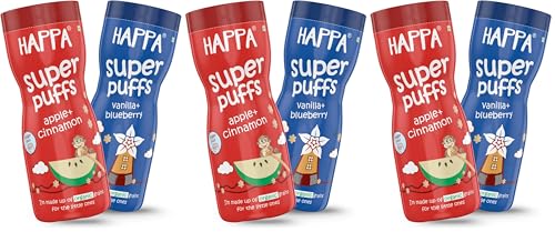 Image of Happa Organic Baby Puffs | Vanilla Blueberry and Apple Cinnamom Flavour | Made with Organic Ingredients | Melt-in-the-Mouth, Supports Self-Feeding & Baby-Led Weaning | No Artificial Flavours or Colours | Stage 2 (8 Months+) | Pack of 6 (40g Each)