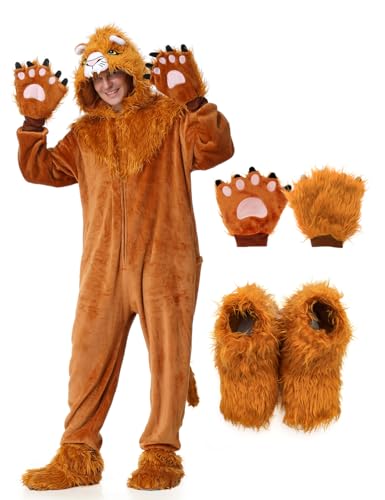 KUKIKUKI Löwe Kostüm Erwachsene Tier Einteiler Unisex Löwe Pyjamas Halloween Party Onesie Cosplay Dress Up Jumpsuit für Männer Frauen (DE/NL/SE/PL Alphanumerisch XL Regular Regular BraunGelb)
