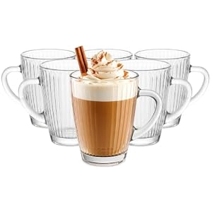 Glasmark KROSNO 1992 Gläser Set 250 ml – 6 Trinkgläser mit Henkel – geriffelte Kaffeegläser für Cappuccino, Latte Macchiato, Tee und Matcha – spülmaschinengeeignet