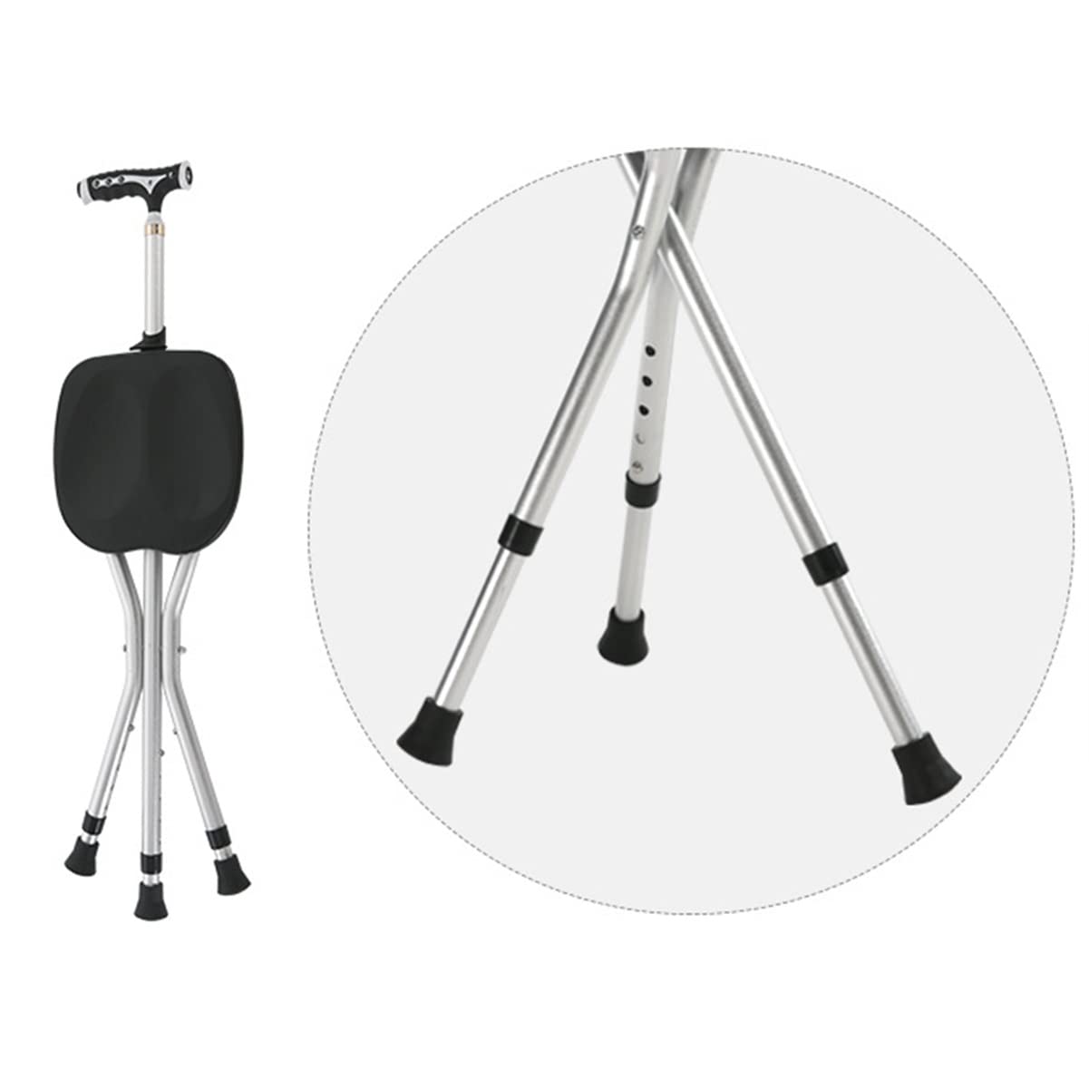 GX Asiento de bastón plegable, silla de muleta ajustable en altura con luz LED, asiento de bastón de aleación de aluminio antideslizante, para personas mayores, discapacitados al aire libre, de espera