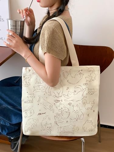 Bolso tote lindo para mujer de lona con diseño de gato y perro miniatura 3