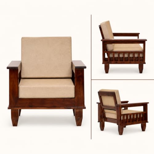 Image of Furniture Solid Sheesham 5 Seater Wooden Sofa for Living Room with Cushion|Solid Wood 5-Person Sofa Set /Couch 3+1+1 for Bedroom,Home,Office & Lounge| Walnut Brown Finish