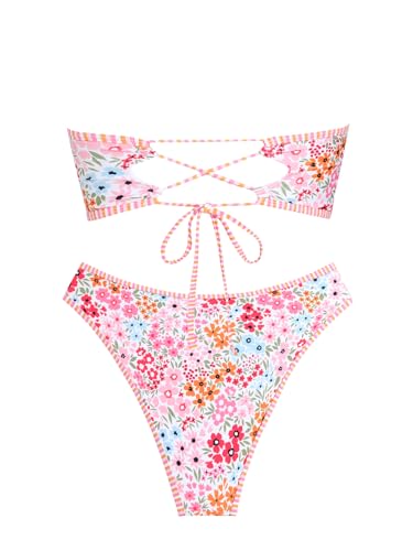 Image of ZAFUL Women's High Cut Bandeau Bikini Set Strapless Solid Color 2 Pieces Bathing Suit Swimsuit