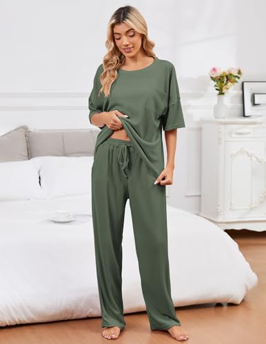 JiniGolla Womens Pajama Sets Waffle Knit Short Sleeve Shirt with Long Pajama Pants Soft Sleepwear Pj Lounge Sets2