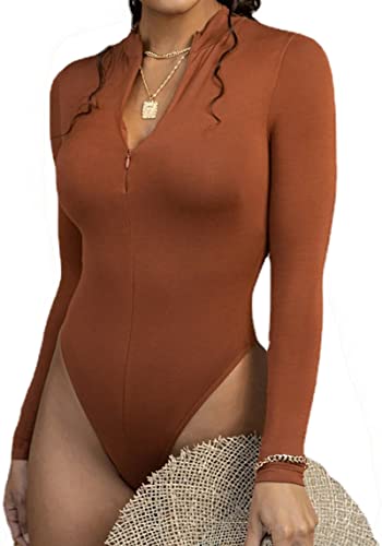 Faringoto Zip Bodysuit Women Long Sleeve Mock Neck Leotards Basic Tops Thong