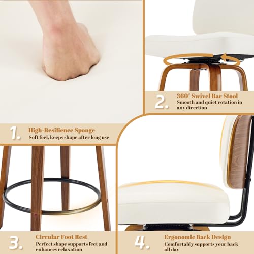 Image of Counter Height Bar Stools Set of 1, 26+inch Swivel Faux Leather Barstool with Back, Upholstered Mid-Century Modern Bar Chairs with Bent Wood Legs for Kitchen Counter, Dining Room,White