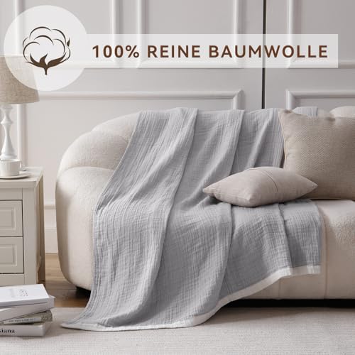 SE SOFTEXLY Kuscheldecke Baumwolle 100%, 4-lagige Weiche Kuscheldecke Musselin Tagesdecke, Bett-Überwurf Sofadecke Wohndecke für Ganze Saison als Sofaüberwurf Grau Blanket 150x200cm