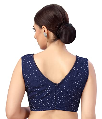 Image of Studio Shringaar Women's Readymade Polyester Navy Blue with White Dot Printed Sleeveless Saree Blouse