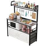 Soporte multifuncional para microondas de 4 niveles con estantes abiertos para el hogar y el comedor, incluye 4 ganchos, elegante marco negro y acabado gris, ahorra espacio