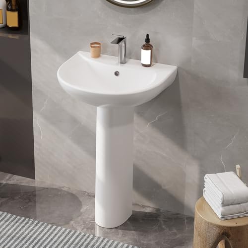 20" Bathroom Pedestal Sink - White Ceramic Vanity Sink with Overflow, Single Hole Faucet Pre-Drilled, Freestanding Restroom Sink Combo for Small Spaces