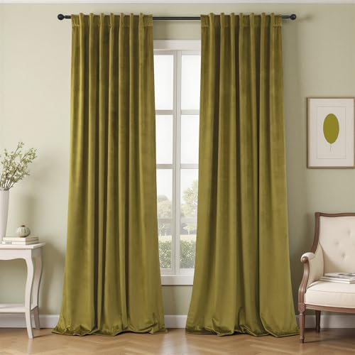 Image of Chartreuse Green Velvet Curtains 84 Inches Long 2 Panels Set for Living Room Mid Century Modern Maximalist Psychedelic Vintage Olive Green Yellow Drapes for Bedroom Wide 52 x 84 Inch Length Back Tab
