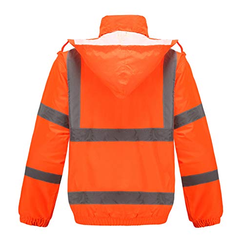 A-Safety High Visibility Safety Waterproof Reflective Rain Jacket,Winter Warm Reflective Safety Jacket Working Overalls With Hideaway Hood And Stand Up Collar (Medium, Orange) #TOP2