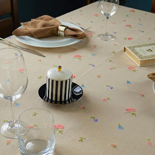 Image of Embroidered Cotton Tablecloth, Beige Oasis, 60 x 60 in | Premium heavyweight chambray cotton, all-over embroidery, 4-seater square, machine washable, elegant dining and hosting
