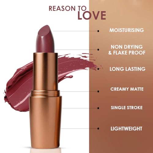 Image of One Wish Creamy Matte Lipstick Long Lasting for Women - Raisin Hell Shade 11 | Full Coverage | Creamy Formula | No Flaky Lips | No Dryness | Vitamin E, Almond Oil & Shea Butter for Moisturising Lip | 8 Hrs Lasting | Smooth Finish | 3.8 gm
