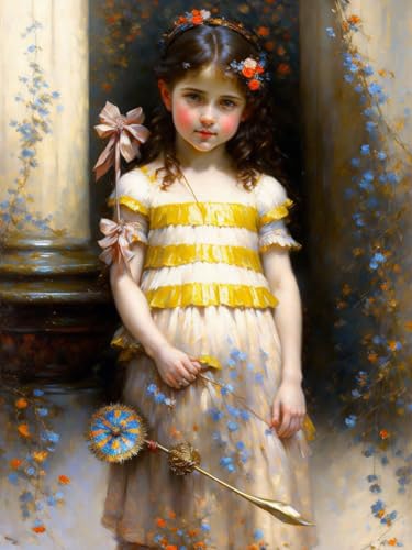 Fille aux cheveux bruns avec un moulin a vent toile haute definition resistante 58x90