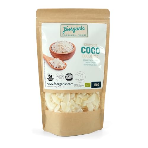 FOORGANIC Chips de Coco Ecológicos Foorganic 150g | Snack Natural | Sin Aditivos | Producido en España | Vegano | Crujiente | sabor auténtico y fresco