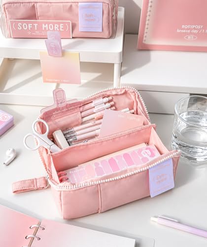 Image of Invite Multi-Functional Soft Pencil Case for Girls - Large Capacity Zipper Pouch with Multiple Compartments - Aesthetic Stationery Organizer for School, College & Office (Soft More-Pink Pouch)