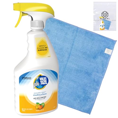 GLOBAL PACKING SOLUTIONS Multi Surface Cleaner Spray, pH-Balanced Everyday Cleaner, Works on Steel, Wood, Electronics, Stone and Glass, Citrus Scent, 25 Fl Oz bundled with Micro Fiber Cloth