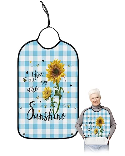 Summer Sunflower Adult Bibs for Eating, Waterproof Bibs with Food Catcher & Adjustable Snap Closure, Farmhouse Honey Bee Blue Plaid Washable Clothing Protectors Adult Bibs for Elderly Women/Men
