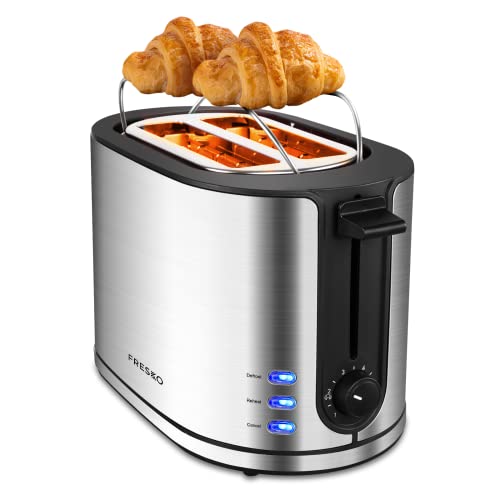 Toaster 2 Slice Wide Slot with Heating Rack, FRESKO Stainless Steel Toaster, Reheat/