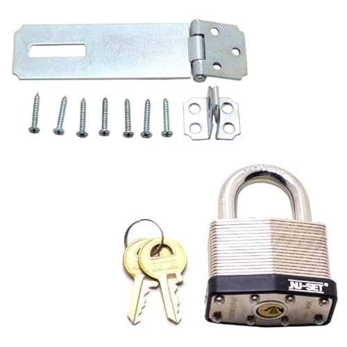 Image of NU-SET Heavy-Duty Security Set | 1-1 /2 inch Laminated Steel Padlock & 4-1 /2 inch Adjustable Hinged Steel Hasp | Rust-Resistant Lock & Hasp Combo for Doors, Gates, Sheds & Lockers