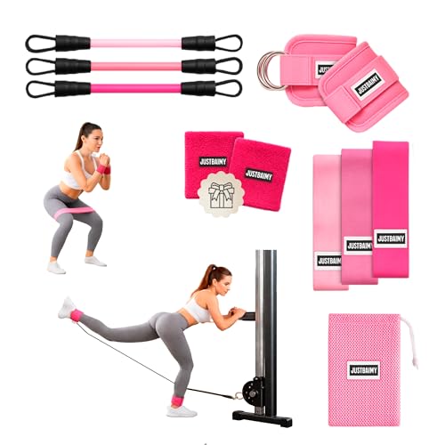 JUSTBAIMY Bandas Elásticas Musculación   Set Gomas Elásticas Musculación y Tobilleras Poleas Gym   Ejercicio en casa   Incluye Bandas de Resistencia Antideslizantes   Muñequeras, Bolsa y QR