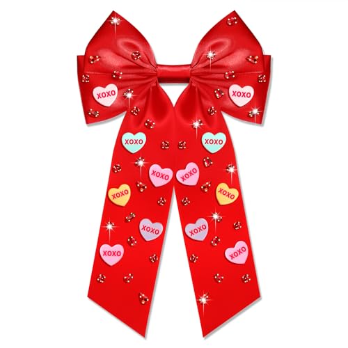 Valentine’s Day Hair Bows for Women Conversation Heart Hair Bow Clips Jeweled LOVE XOXO Hair Bows Silky Stain Red Pink Bows Hair Ribbon Barrettes Valentine’s Day Outfits Accessories Gifts (Pattern A2)