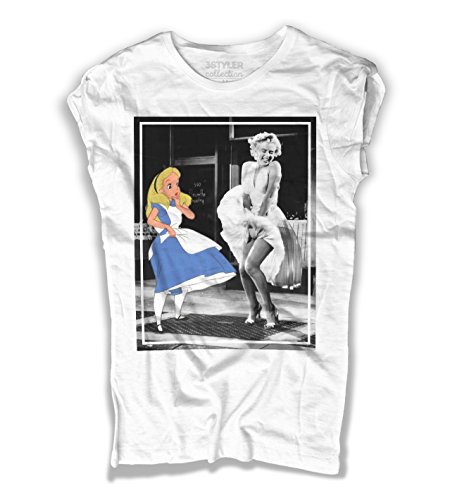 3stylercollection T-shirt pour femme Marilyn Monroe vs Alice au pays des merveilles - Blanc - Medium